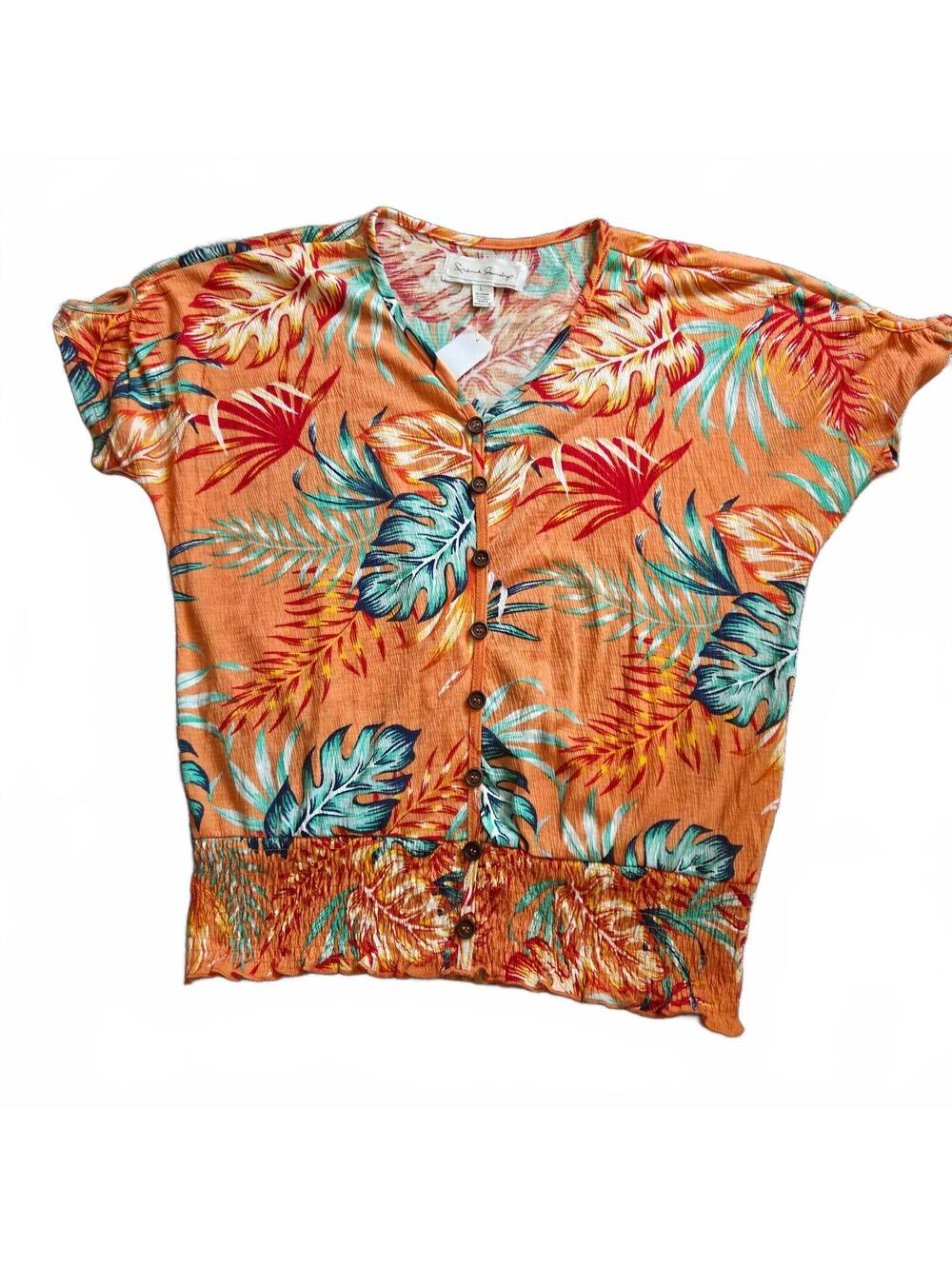 French Laundry Orange Tropical Leaf Print Button-Up Top Size L